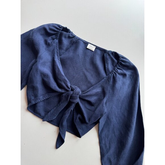Aritzia WILFRED Venus Navy Blue Linen Blend Front Tie Blouse Top, Size XS - Picture 6 of 11